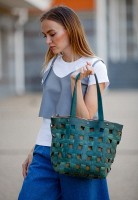 Кожаная плетеная женская сумка BlankNote Пазл L зеленая Crazy Horse - BN-BAG-33-IZ